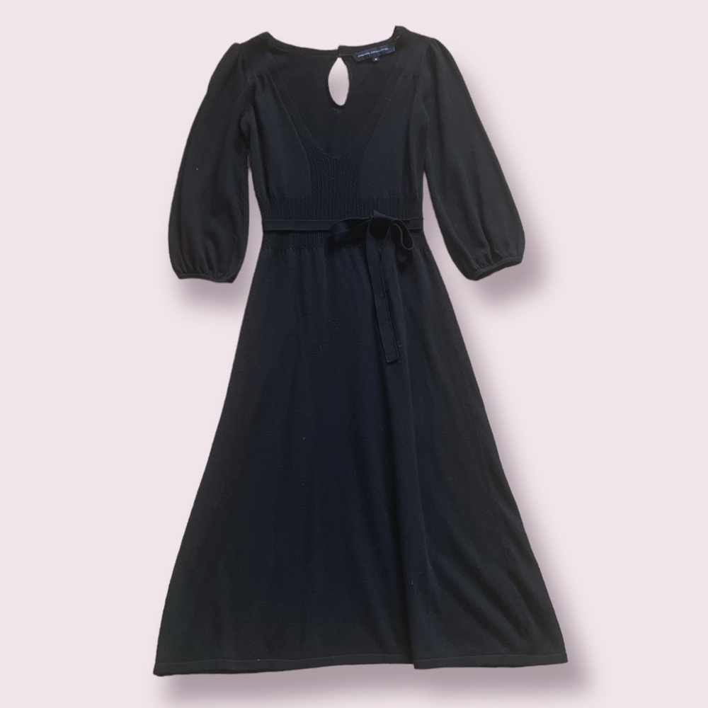 French Connection Knot Waist V Neck Crochet Detail Little Black Dress | Size 12